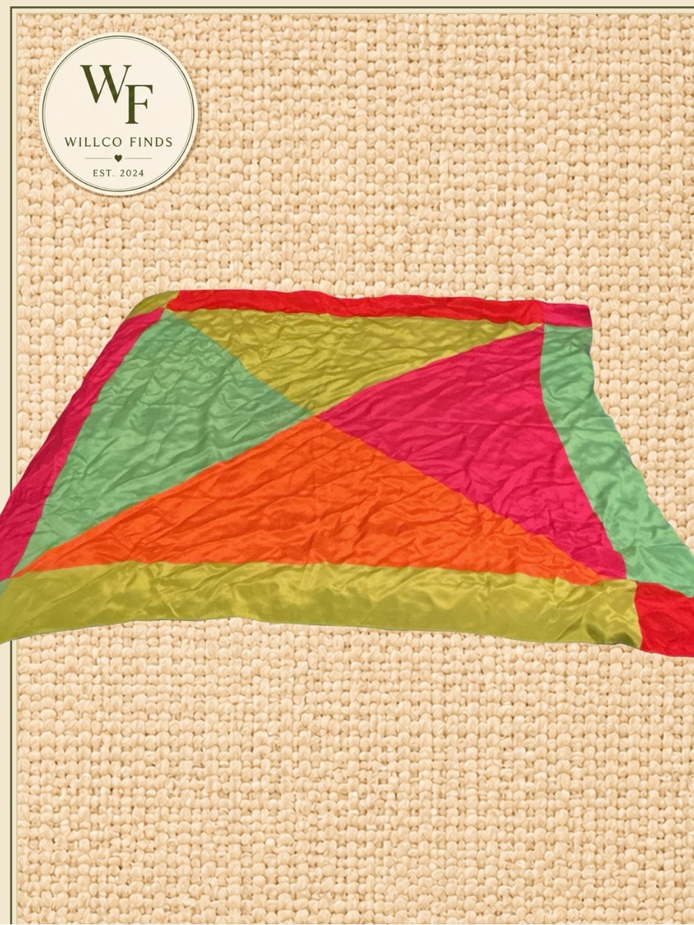Vintage Style Colorblock Square Scarf Pink Green Orange Satin Look 34x33